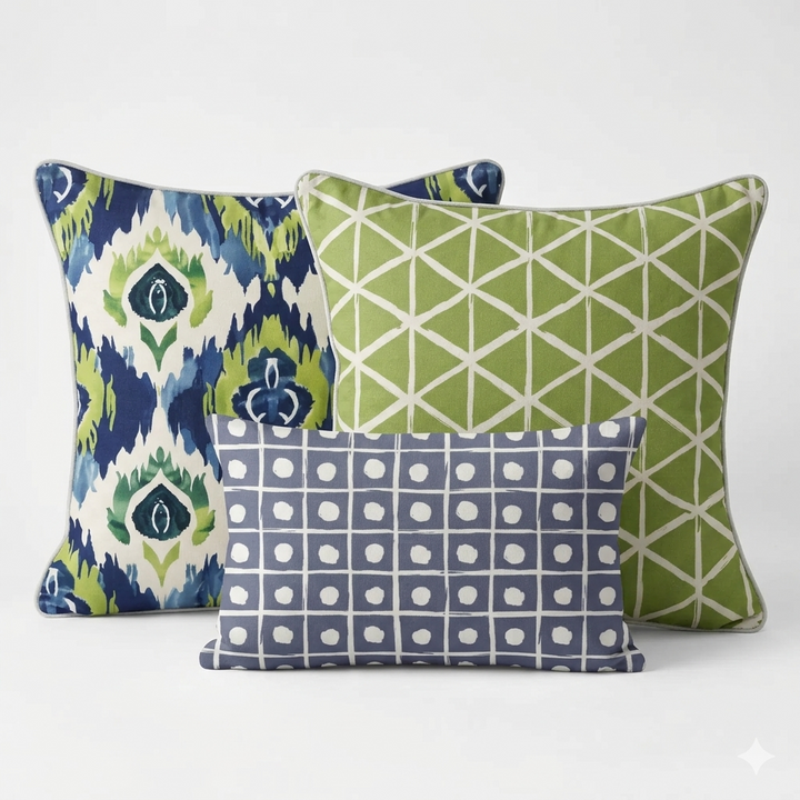 Ikat Fusion Pillow Trio – Peridot Blues