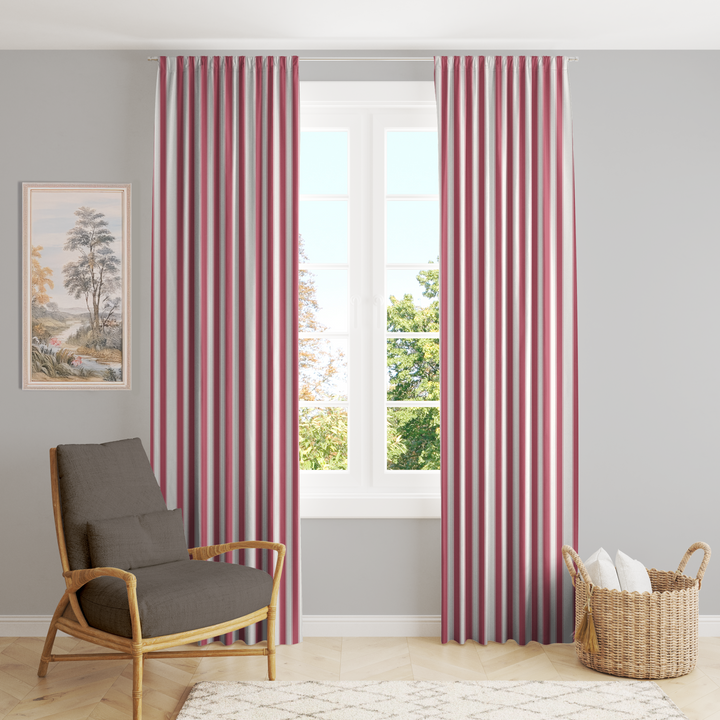 Window Curtain Set - Cotton Blend (2 Panels) | French Stripe - Rouge  (Vintage Cottage Collection)