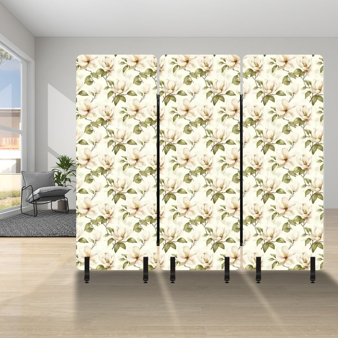 3 Panel Sound-Absorbing Room Divider / Cream Magnolias