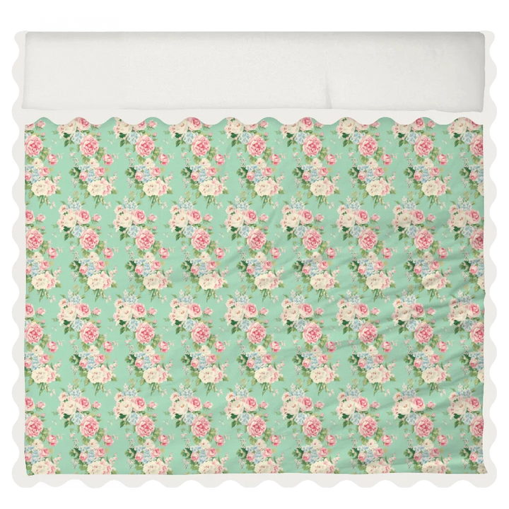 Vintage Cottage Collection Scalloped Duvet Cover Set - Emma (Seafoam)