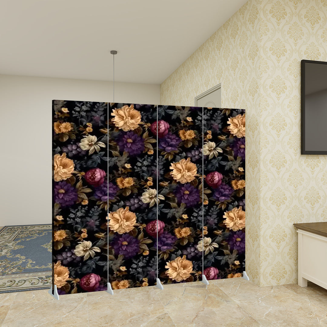 4 Panel Room Divider Folding Screen / Dark, Moody Floral - Purple and Gold