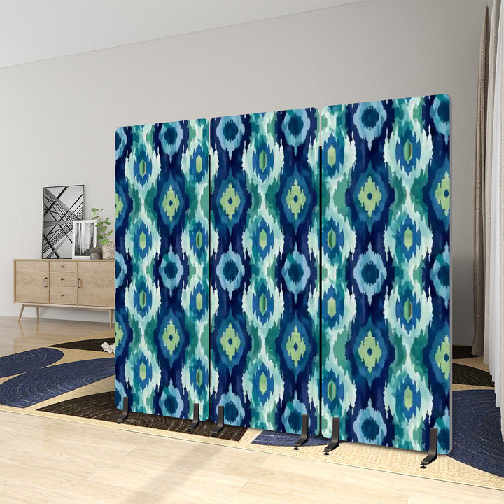 3 Panel Sound-Absorbing Room Divider / Ikat Fusion - Emerald Green and Sapphire Blues