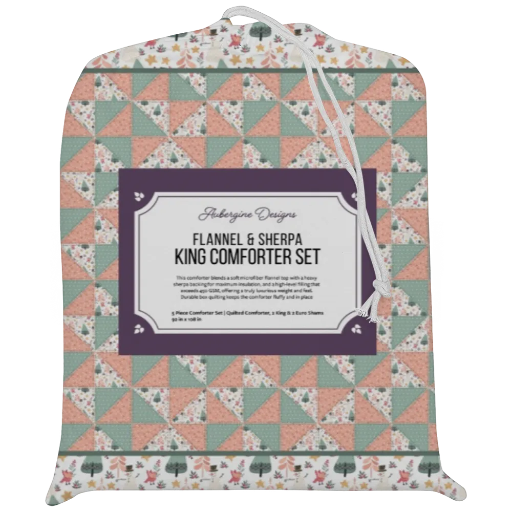 Luxury Flannel & Sherpa Comforter Set | Patchwork Pinwheel - Woodland Snowman