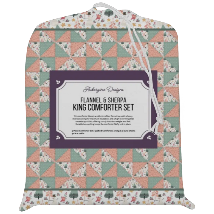 Luxury Flannel & Sherpa Comforter Set | Patchwork Pinwheel - Woodland Snowman