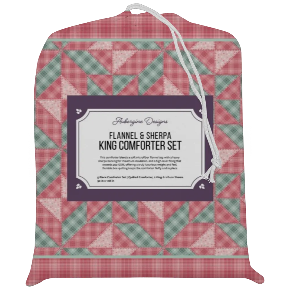 Luxury Flannel & Sherpa Comforter Set | Patchwork Star - Pink Plaid