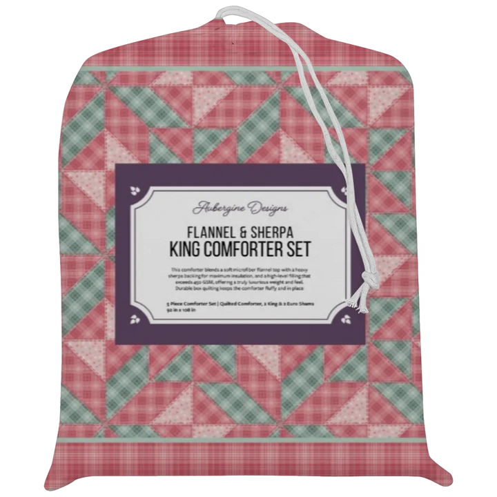 Luxury Flannel & Sherpa Comforter Set | Patchwork Star - Pink Plaid