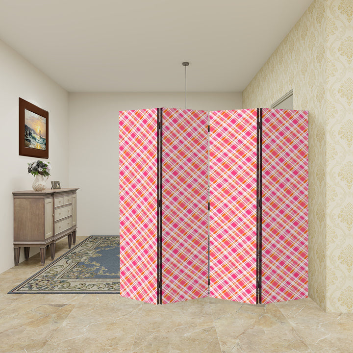 4 Panel Room Divider Folding Screen / Dreamhouse Pink Orange Glo PlaidPlaid