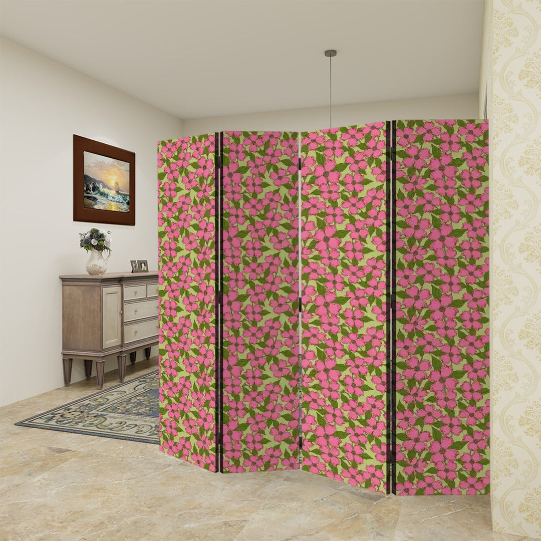 4 Panel Room Divider Folding Screen / North Carolina Dogwood - Pink