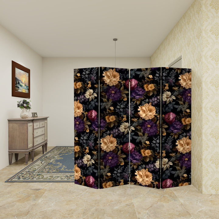 4 Panel Room Divider Folding Screen / Dark, Moody Floral - Purple and Gold