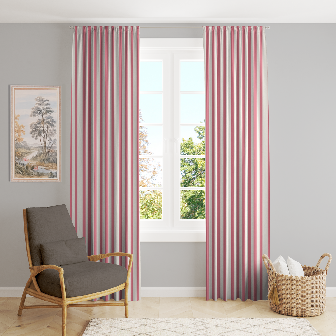 Window Curtain Set - Cotton Blend (2 Panels) | French Stripe - Peony  (Vintage Cottage Collection)
