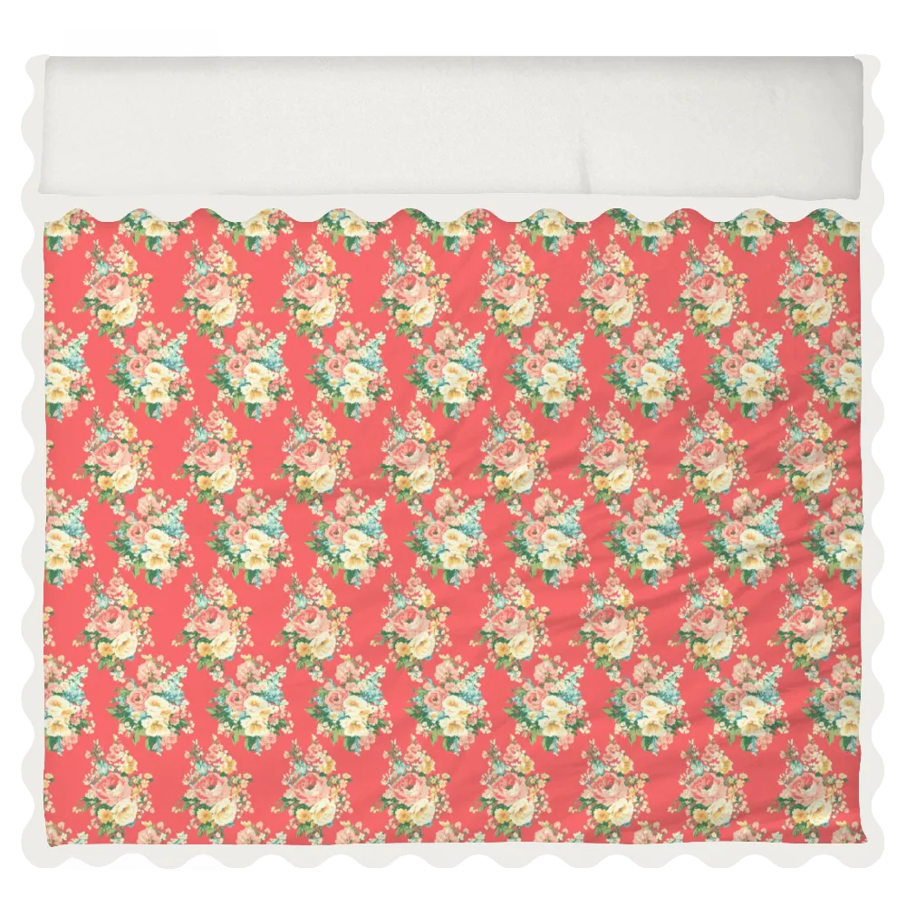 Vintage Cottage Collection Scalloped Duvet Cover Set - Florence (Dark Coral)