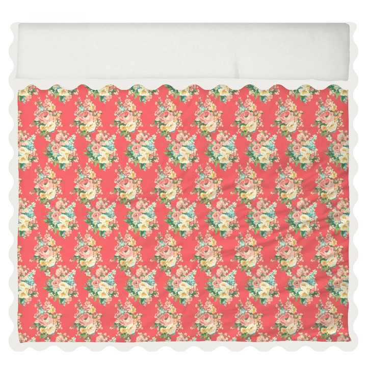 Vintage Cottage Collection Scalloped Duvet Cover Set - Florence (Dark Coral)