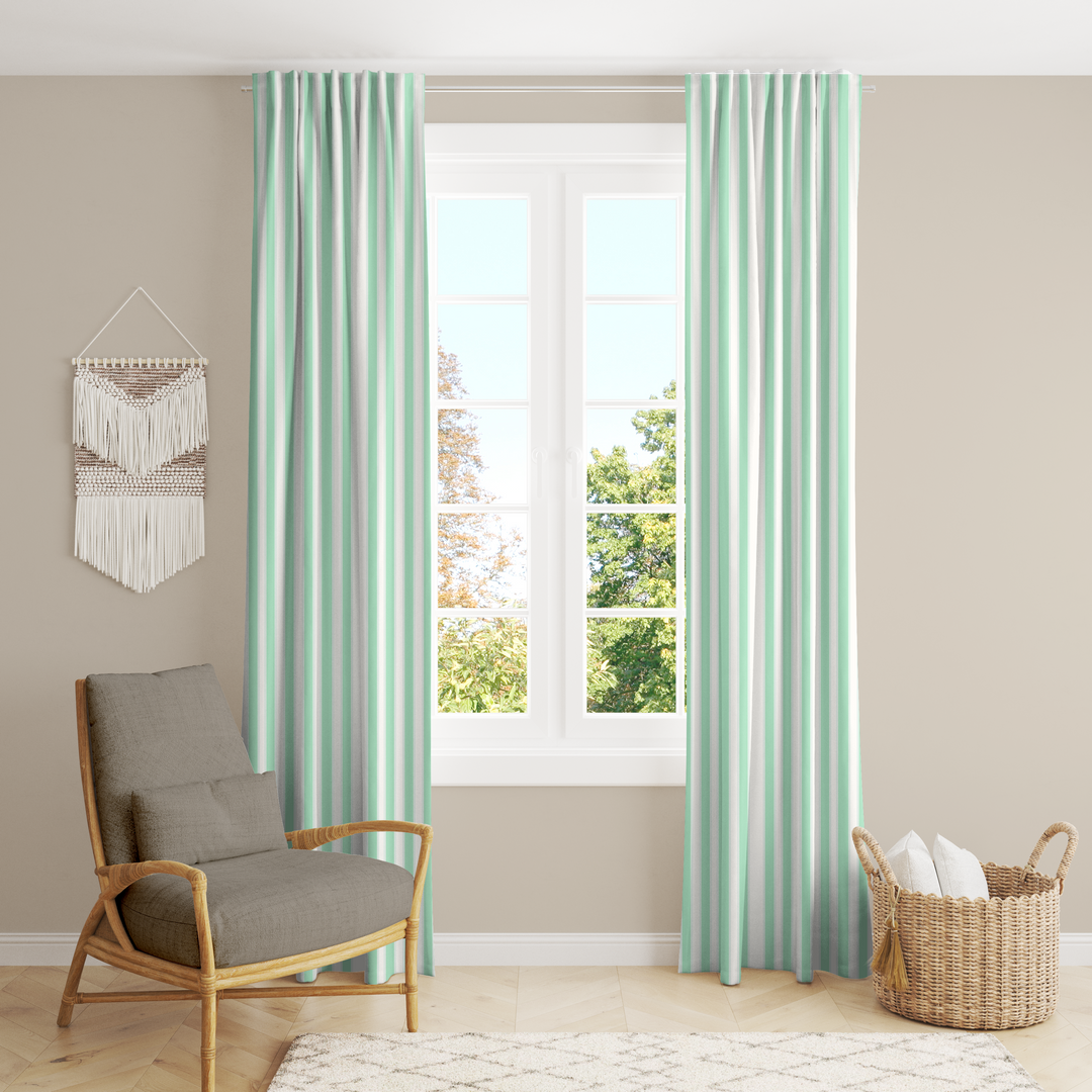Window Curtain Set - Cotton Blend (2 Panels) | French Stripe - Seafoam  (Vintage Cottage Collection)