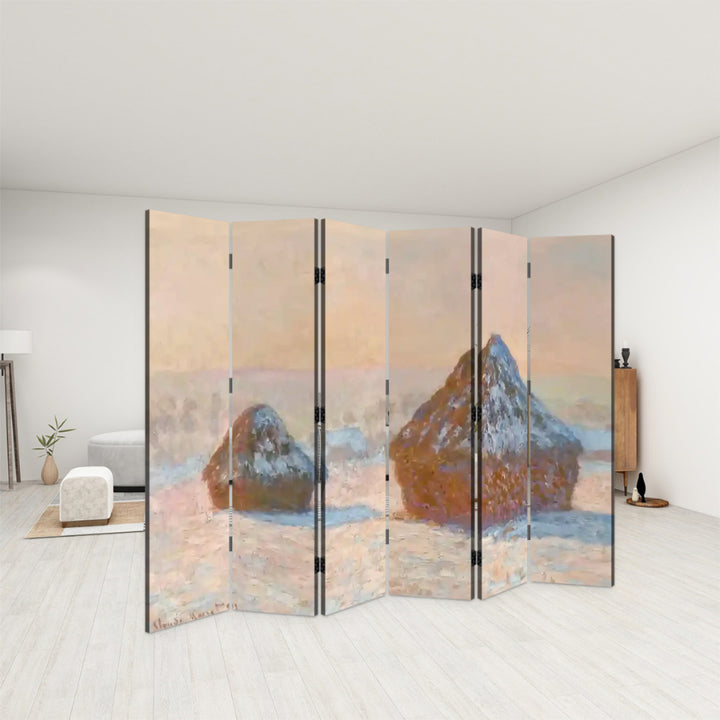 6 Panel Room Divider Folding Screen - Fine Art / Monet / Wheatstacks, Snow Effect, Morning (1891)