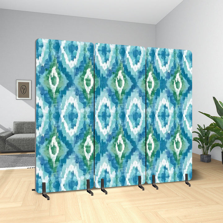 3 Panel Sound-Absorbing Room Divider / Ikat Fusion - Pale Blue and Greens