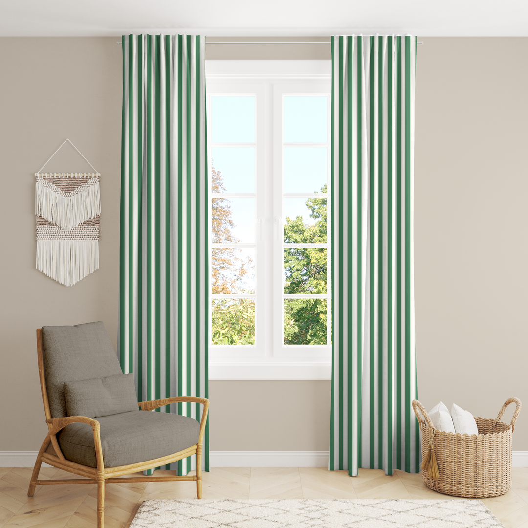 Window Curtain Set - Cotton Blend (2 Panels) | French Stripe - Green  (Vintage Cottage Collection)