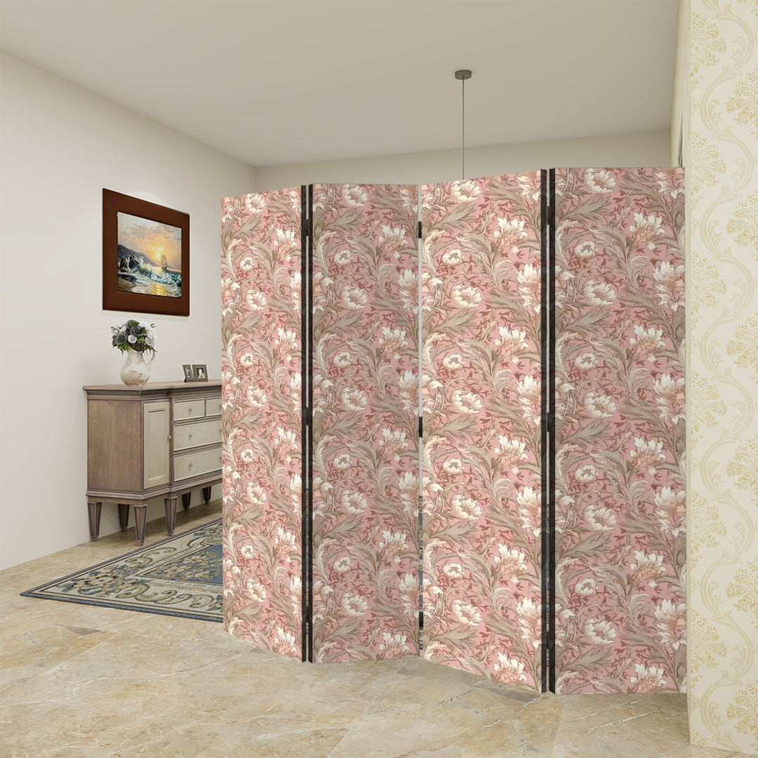 4 Panel Room Divider Folding Screen / William Morris Inspired - Blush & Gray