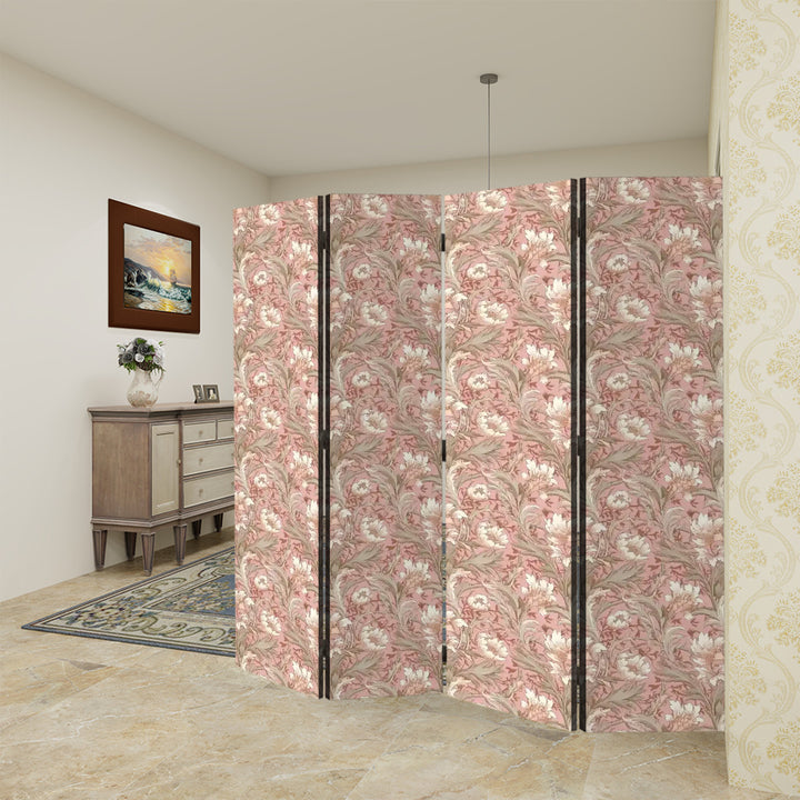 4 Panel Room Divider Folding Screen / William Morris Inspired - Blush & Gray