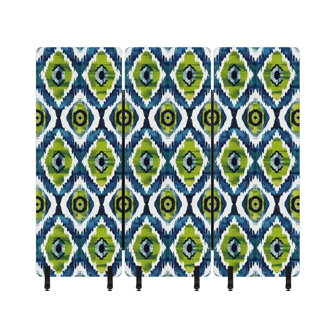 3 Panel Sound-Absorbing Room Divider / Ikat Fusion - Navy Blue and Peridot Greens