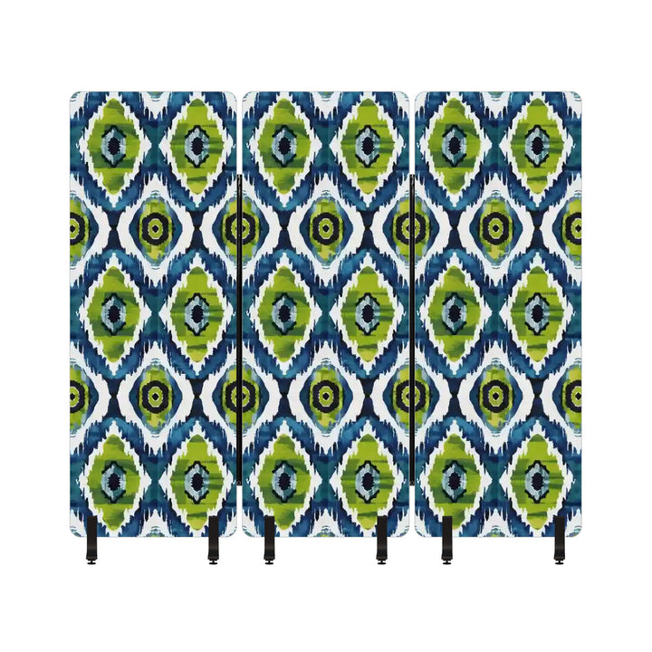 3 Panel Sound-Absorbing Room Divider / Ikat Fusion - Navy Blue and Peridot Greens