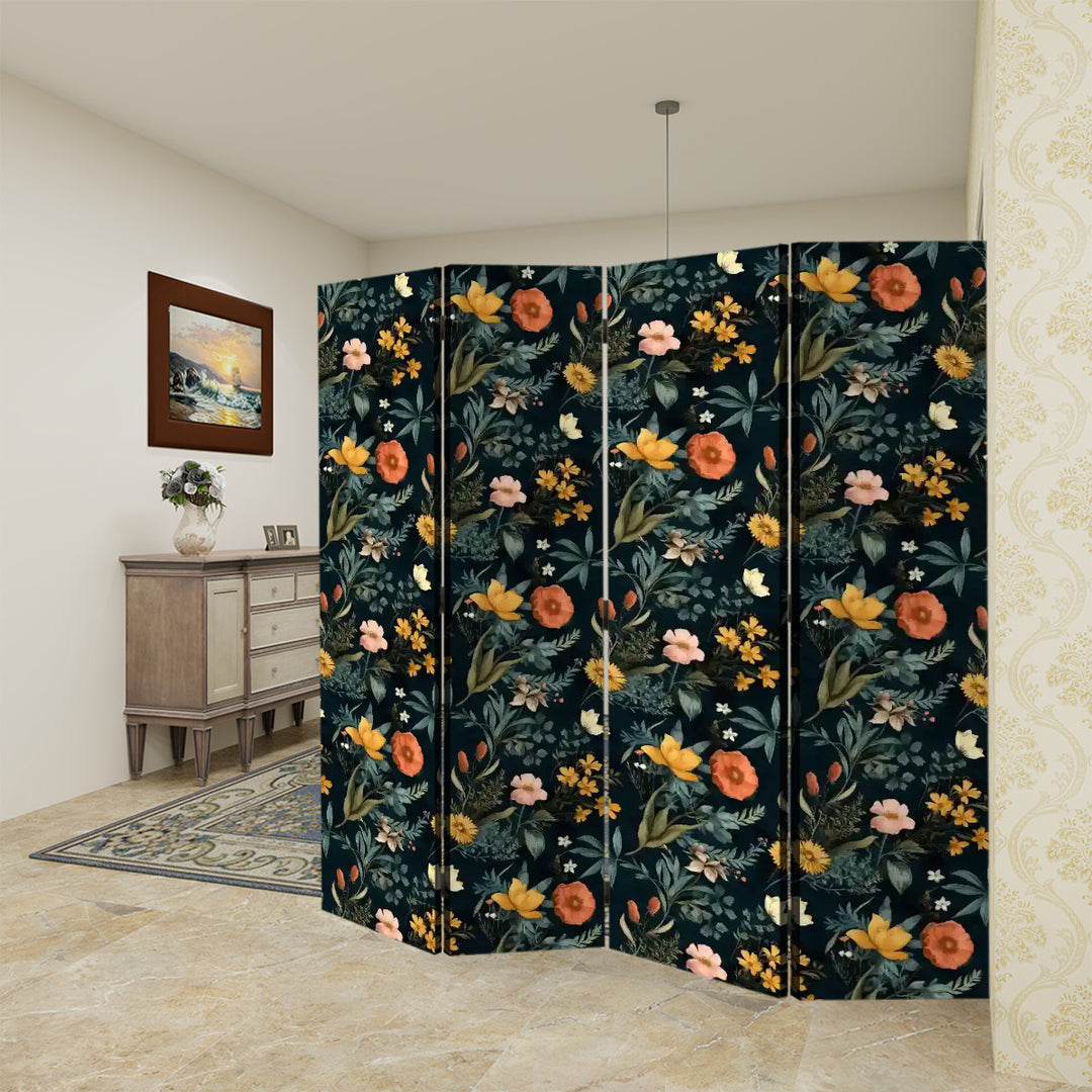 4 Panel Room Divider Folding Screen / Wildflower Garden