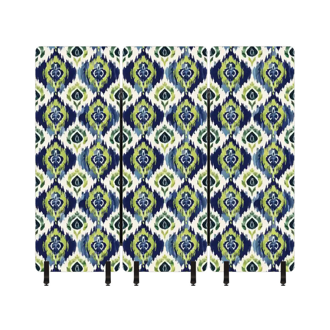 3 Panel Sound-Absorbing Room Divider / Ikat Fusion - Navy Blue and Peridot Greens