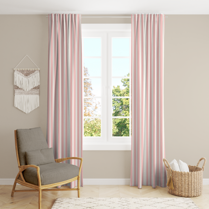 Window Curtain Set - Cotton Blend (2 Panels) | French Stripe - Bubblegum  (Vintage Cottage Collection)