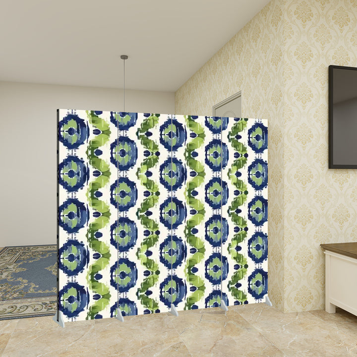 4 Panel Room Divider Folding Screen / Ikat Fusion - Navy Blue and Peridot Greens