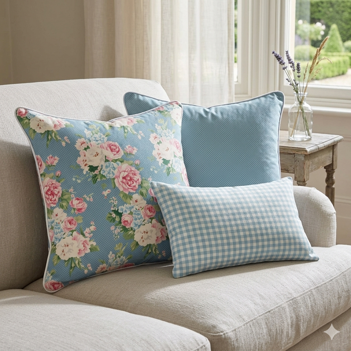 Vintage Cottage Pillow Trio – Emma (Bluejay)