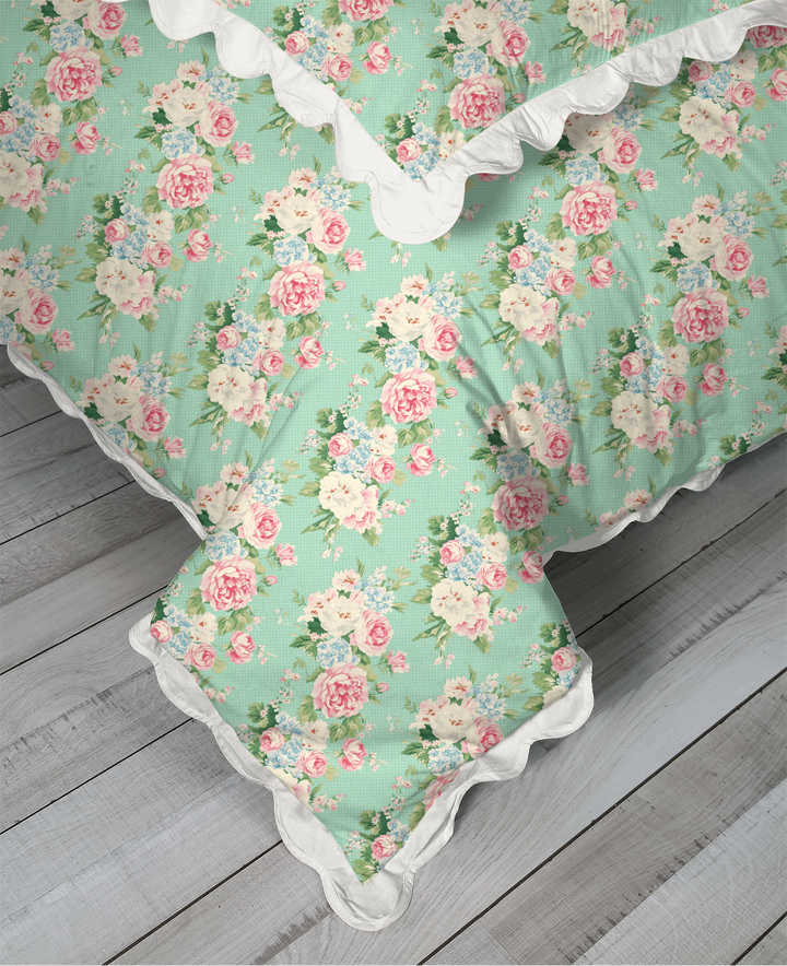 5 Piece Cotton Duvet Cover Set |Vintage Cottage Collection | Emma - Seafoam