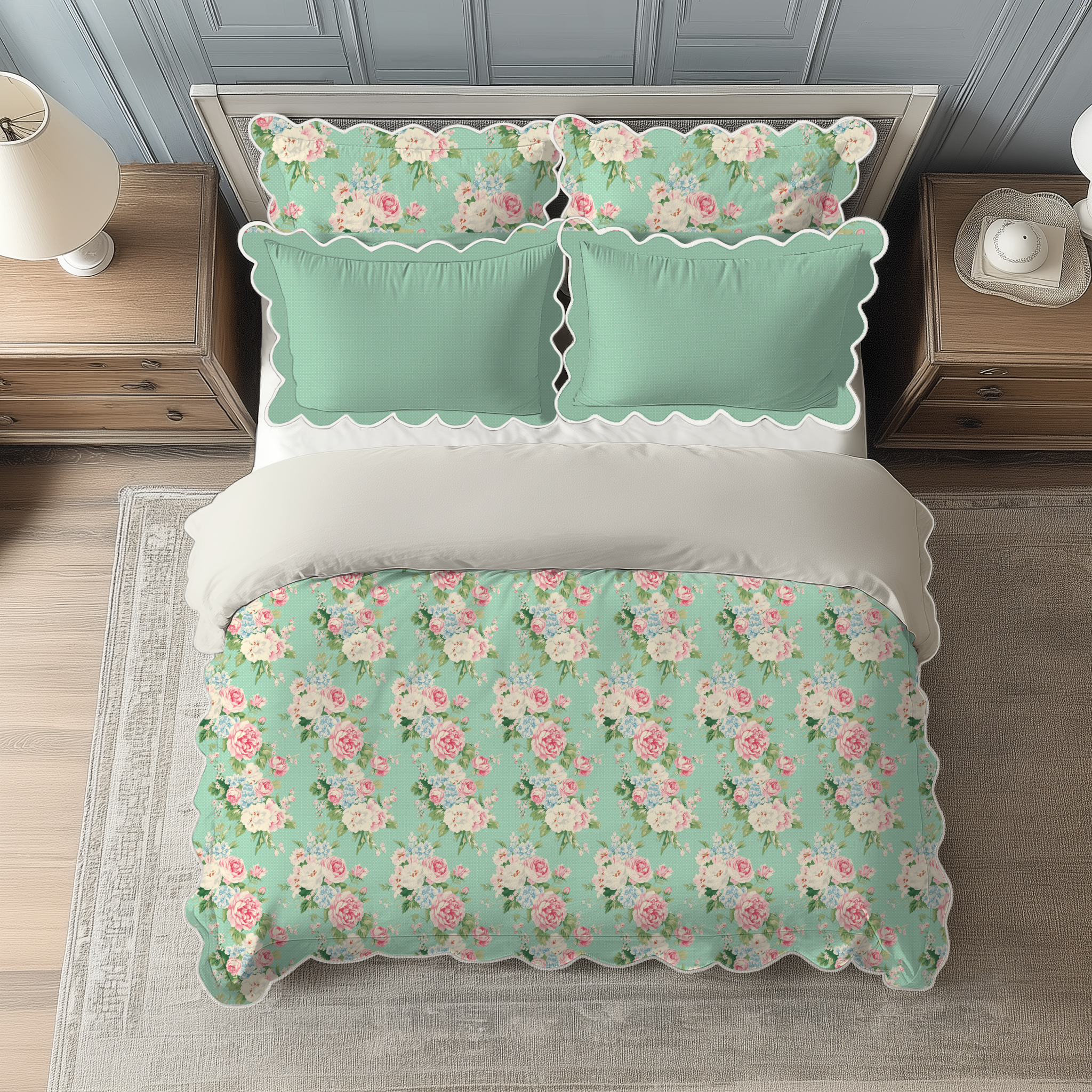 Vintage Cottage Collection Scalloped Duvet Cover Set - Emma (Seafoam)