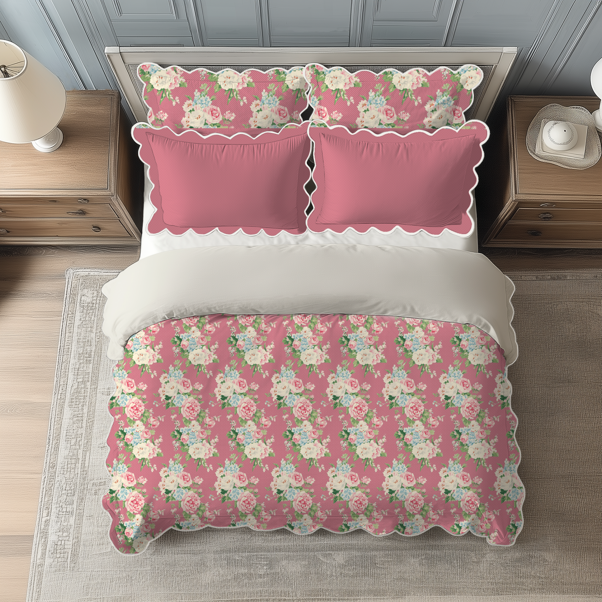 Vintage Cottage Collection Scalloped Duvet Cover Set - Emma (Peony)