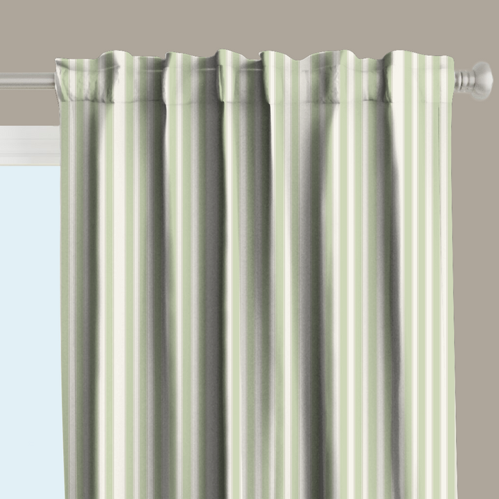 Window Curtain Set - Cotton Blend (2 Panels) | French Stripe - Celery  (Vintage Cottage Collection)