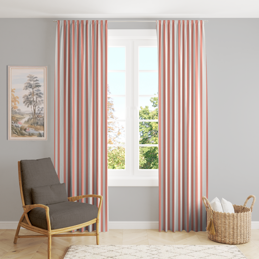 Window Curtain Set - Cotton Blend (2 Panels) | French Stripe - Salmon  (Vintage Cottage Collection)