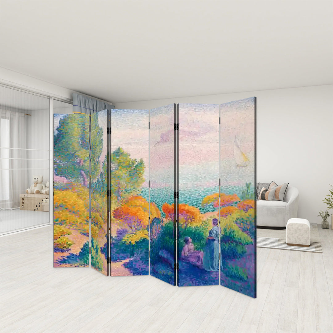 6 Panel Room Divider Folding Screen - Fine Art / Henri Edmond Cross / Two Women by the Shore, Mediterranean (1896)