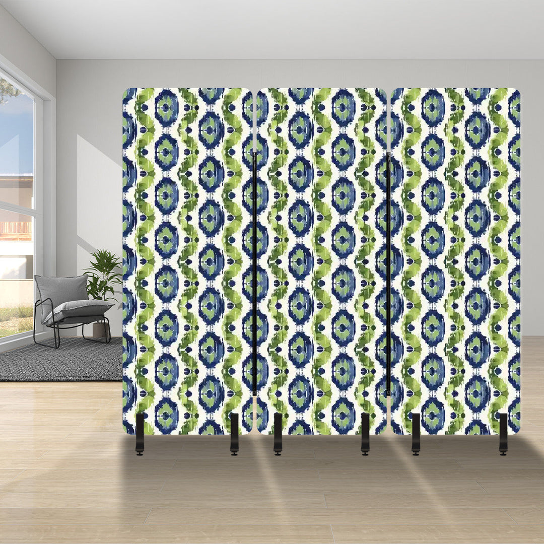 3 Panel Sound-Absorbing Room Divider / Ikat Fusion - Navy Blue and Peridot Greens