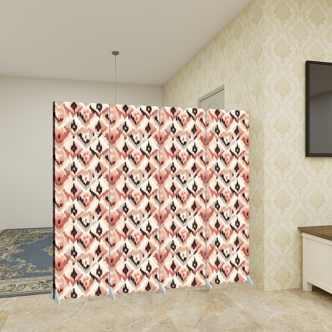 4 Panel Room Divider Folding Screen / Ikat Fusion - Blush and Beige