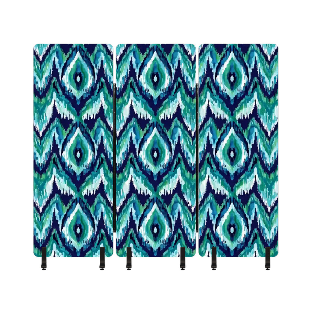 3 Panel Sound-Absorbing Room Divider / Ikat Fusion - Emerald Green and Sapphire Blues