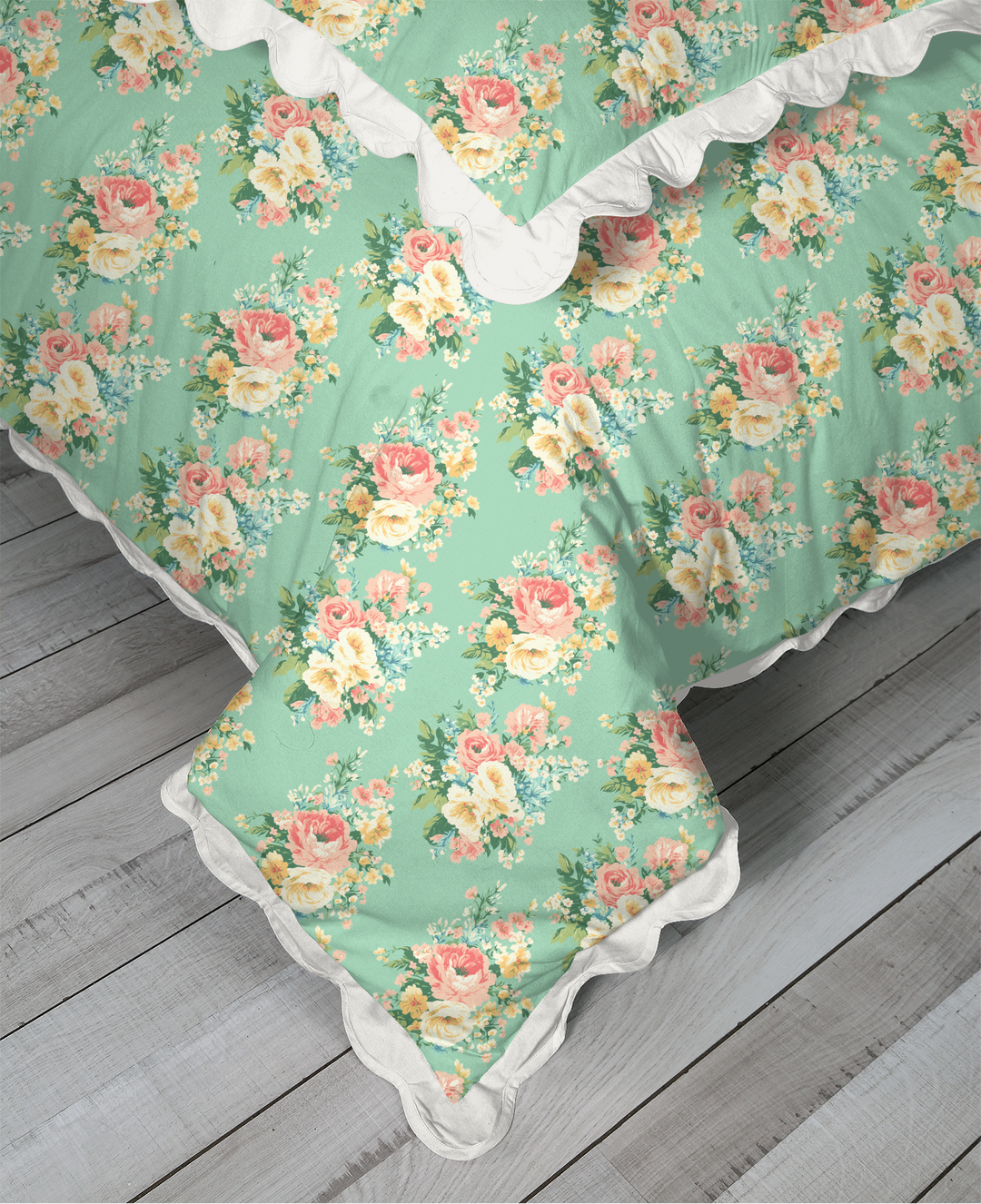 Vintage Cottage Collection Scalloped Duvet Cover Set - Florence (Aqua)