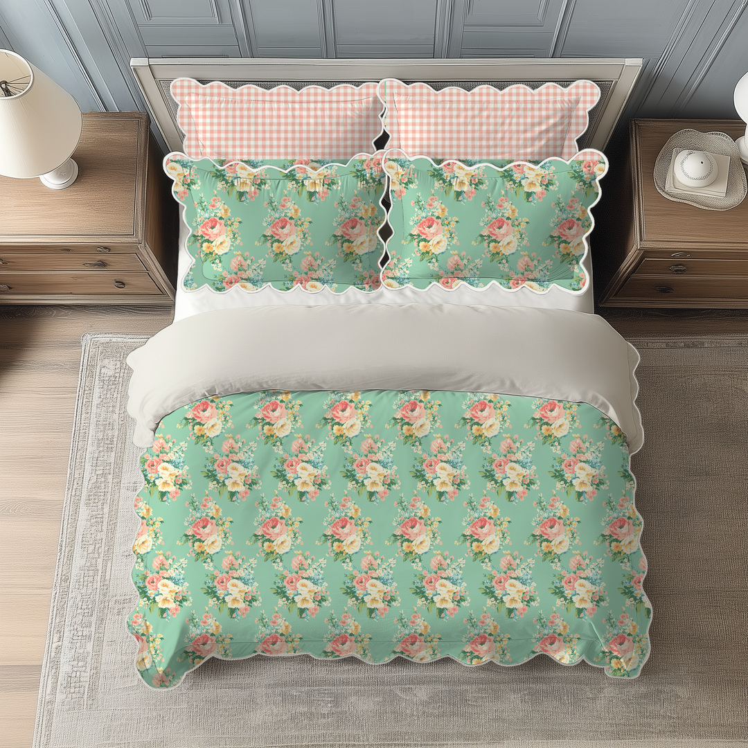 Vintage Cottage Collection Scalloped Duvet Cover Set - Florence (Aqua)