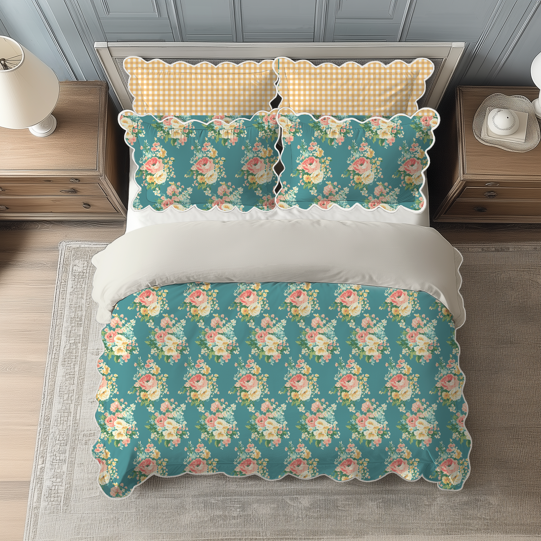 Vintage Cottage Collection Scalloped Duvet Cover Set - Florence (Blue)