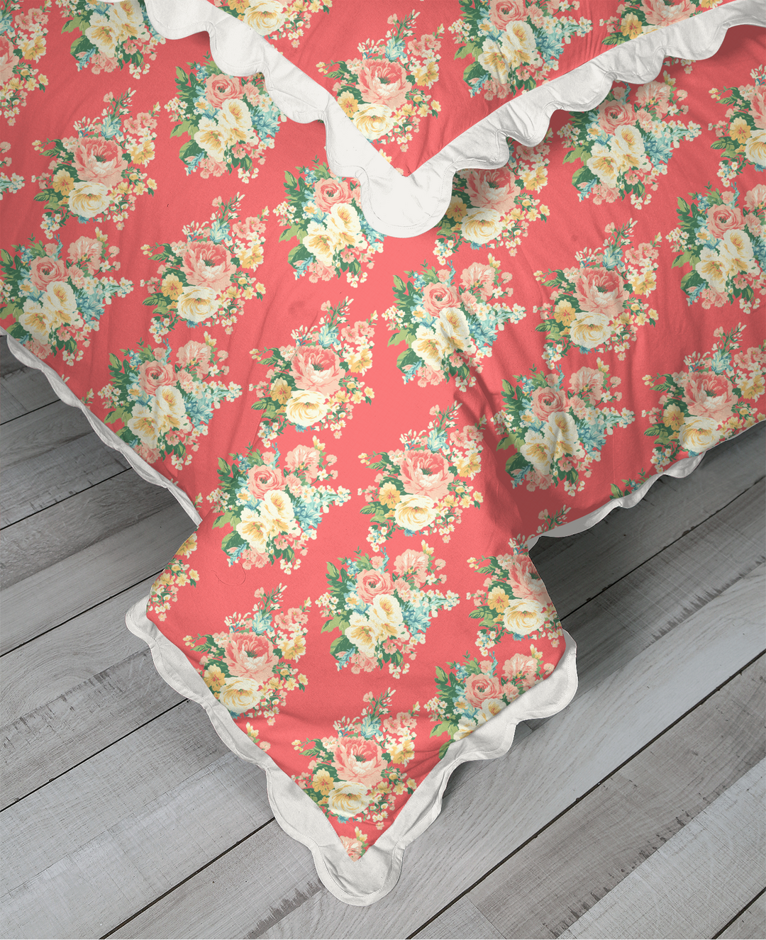 Vintage Cottage Collection Scalloped Duvet Cover Set - Florence (Dark Coral)