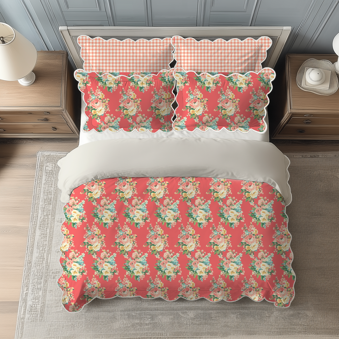 Vintage Cottage Collection Scalloped Duvet Cover Set - Florence (Dark Coral)