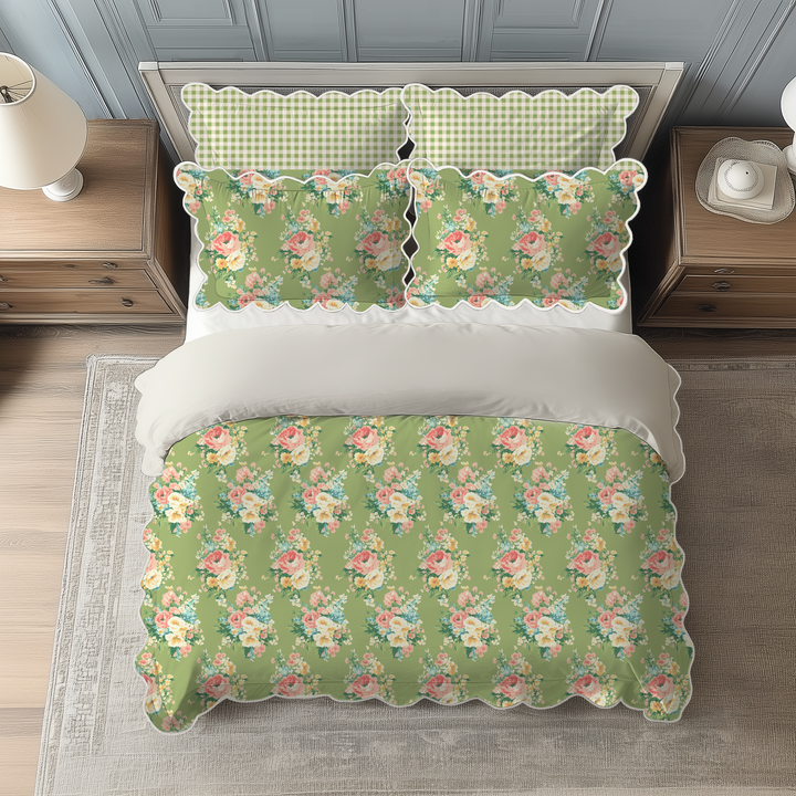 Vintage Cottage Collection Scalloped Duvet Cover Set - Florence (Lime)