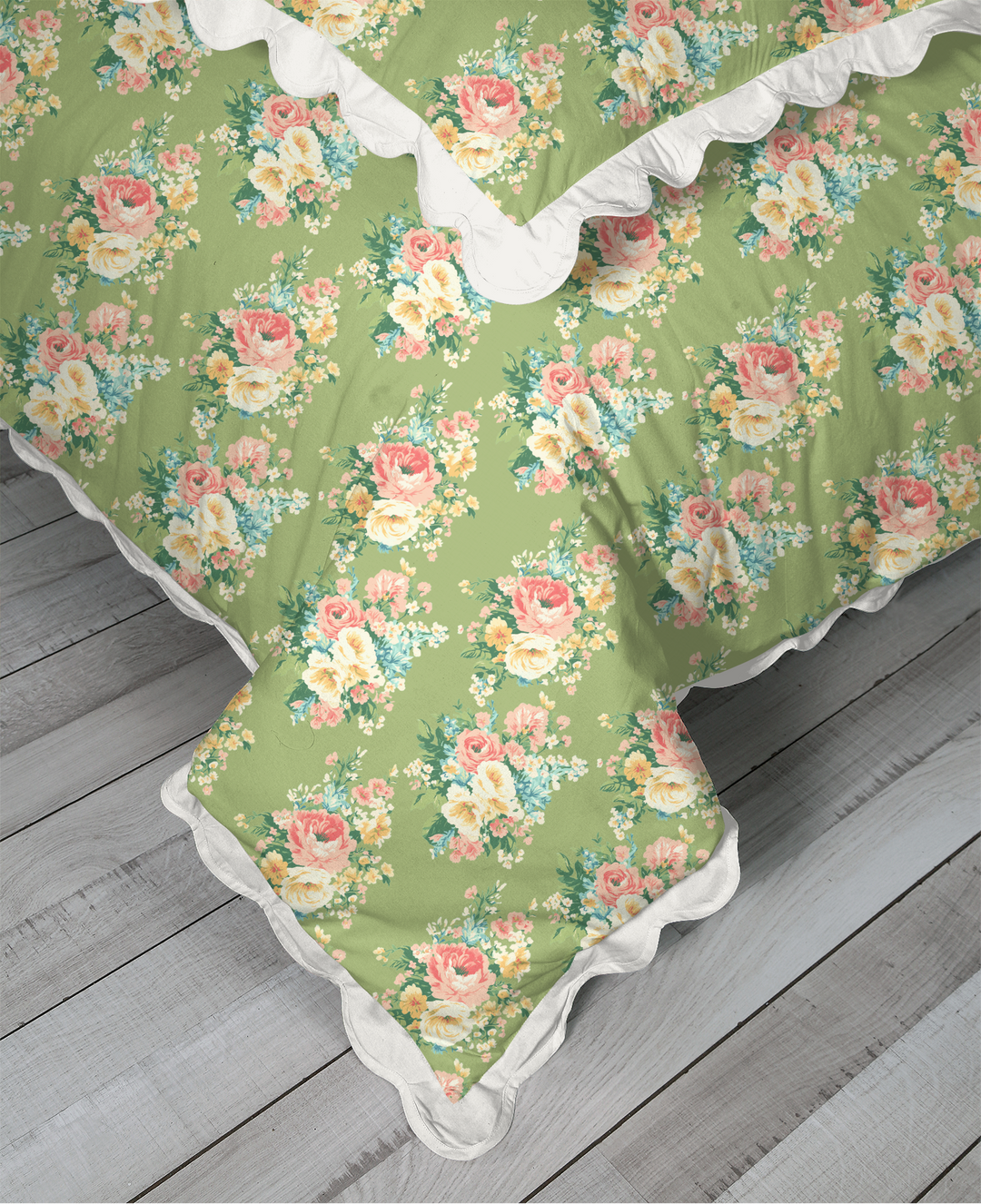 Vintage Cottage Collection Scalloped Duvet Cover Set - Florence (Lime)