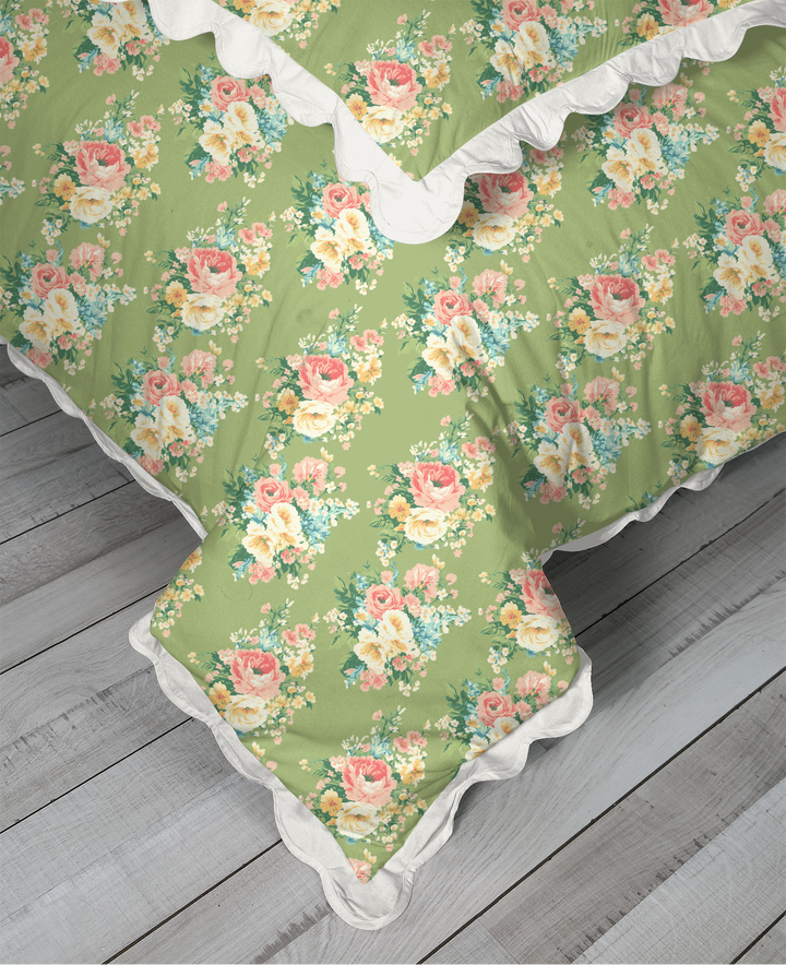 Vintage Cottage Collection Scalloped Duvet Cover Set - Florence (Lime)