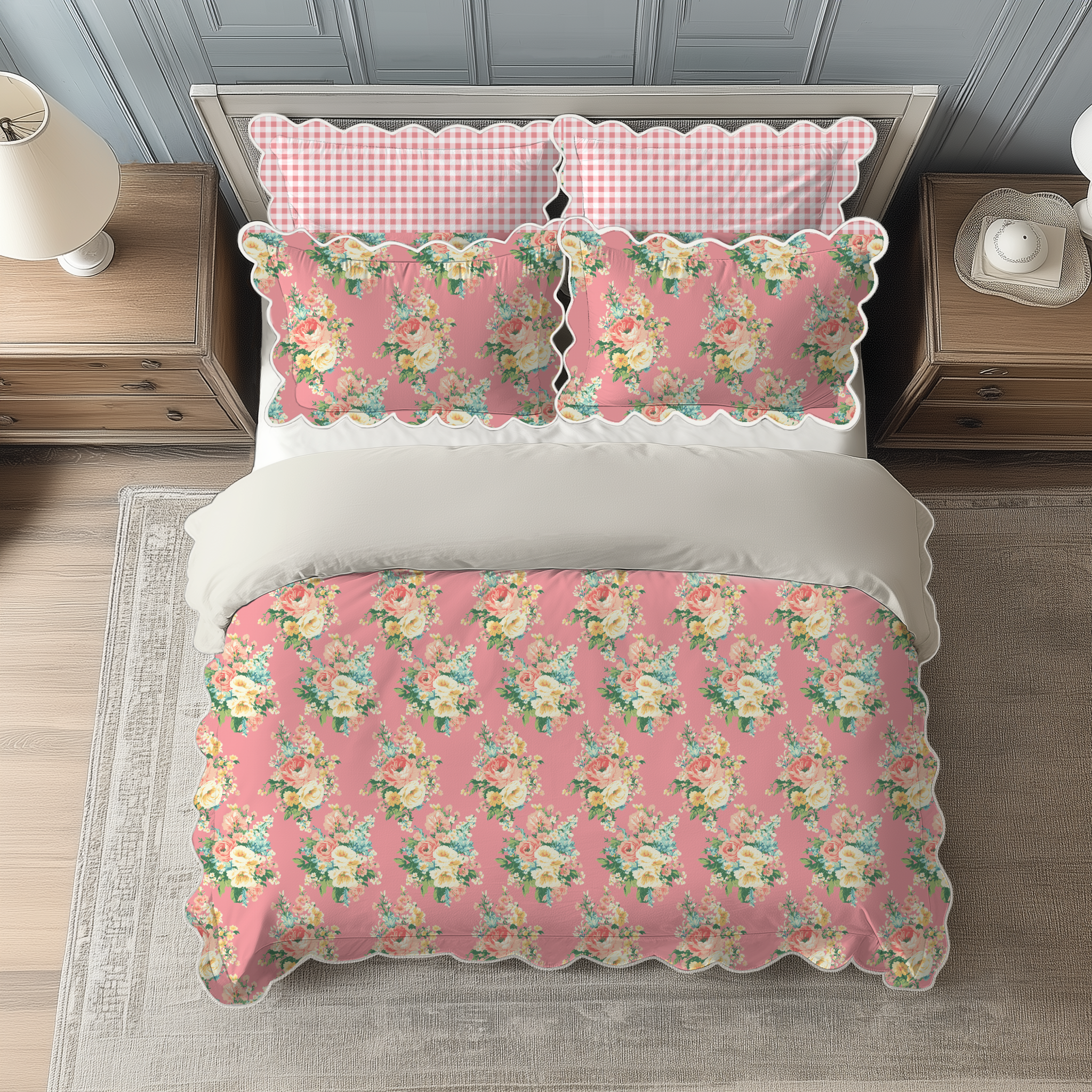 Vintage Cottage Collection Scalloped Duvet Cover Set - Florence (Peony)