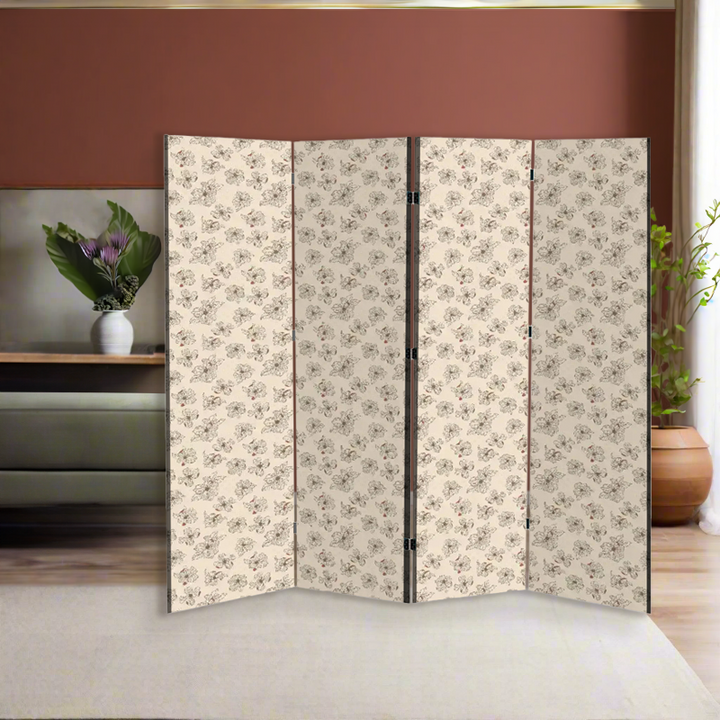 4 Panel Room Divider Folding Screen / Dogwood Blossoms - White & Persimmon