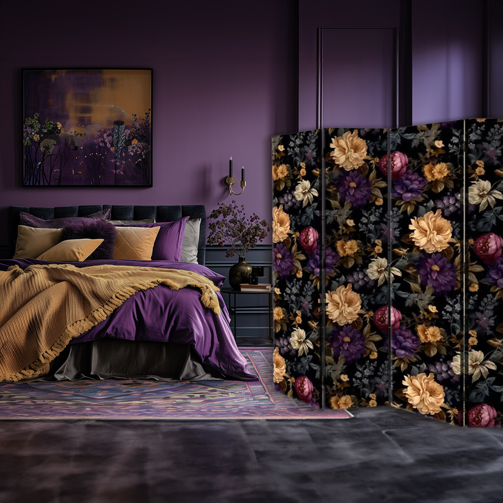 4 Panel Room Divider Folding Screen / Dark, Moody Floral - Purple and Gold