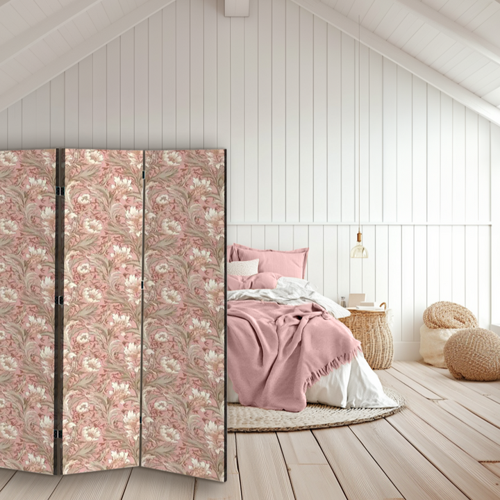 4 Panel Room Divider Folding Screen / William Morris Inspired - Blush & Gray